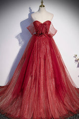 Burgundy Tulle Strapless Floor Length Corset Prom Dress, A-Line Evening Graduation Dress outfits, Prom Dresses Patterns