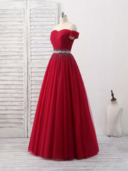 Burgundy Tulle Sweetheart Neck Long Corset Prom Dress, Burgundy Evening Dress outfit, Prom Dresses Modest