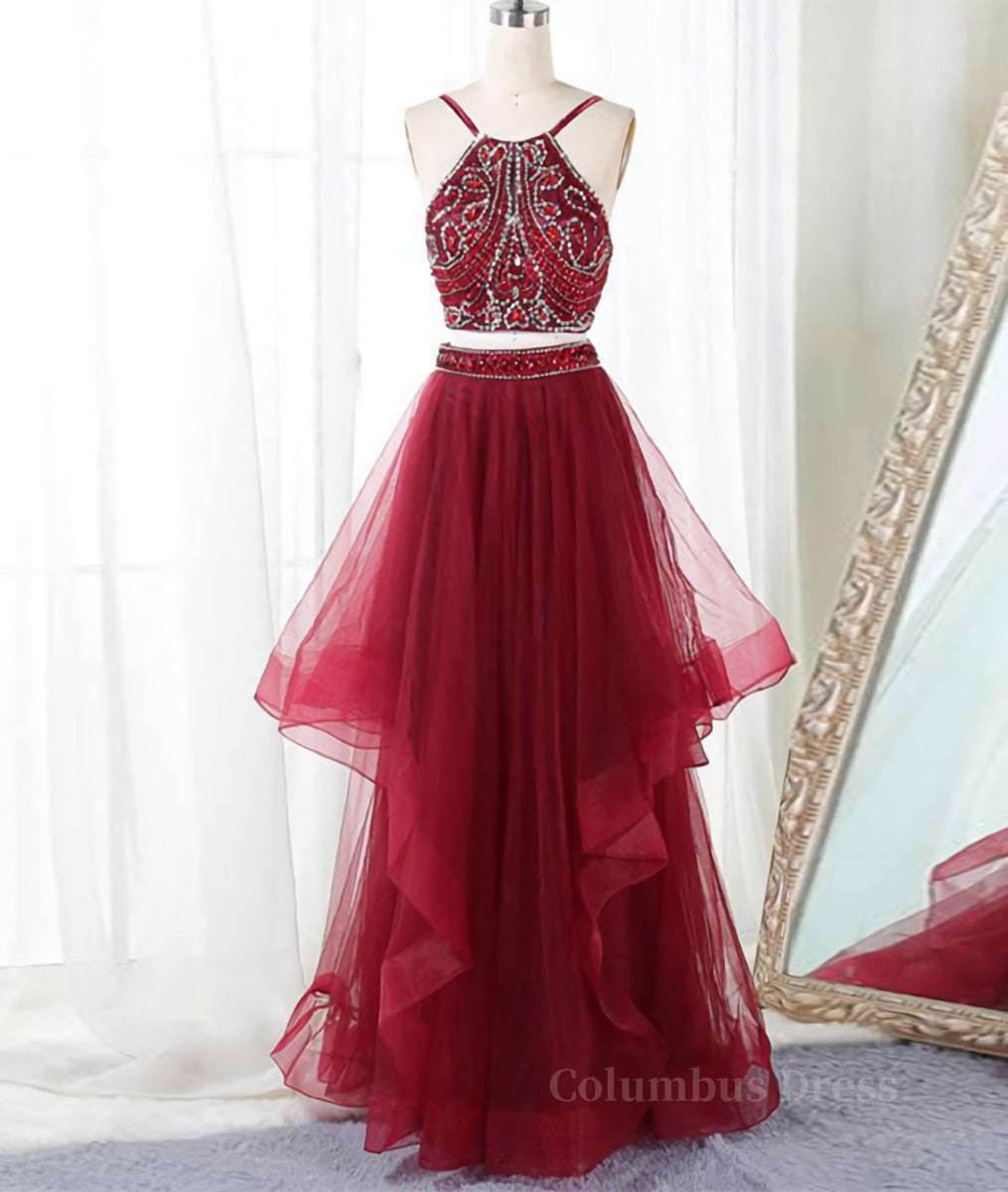 Burgundy two pieces beads long Corset Prom dress, burgundy evening dress outfit, Evening Dresses Gown