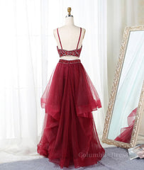 Burgundy two pieces beads long Corset Prom dress, burgundy evening dress outfit, Evening Dress Black
