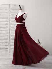 Burgundy Two Pieces Chiffon Long Corset Prom Dress, Evening Dress outfit, Bachelorette Party Games
