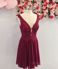 Burgundy v neck chiffon lace short Corset Prom dress, Corset Homecoming dress outfit, Evening Dresses Midi