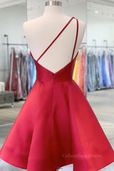 Burgundy v neck satin short Corset Prom dress one shoulder cocktail dress outfit, Prom Dresses Brands