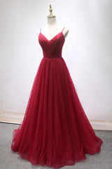 Burgundy V-Neck Tulle Long Corset Prom Dress, A-Line Backless Evening Party Dress Outfits, Evening Dresses Long Sleeve