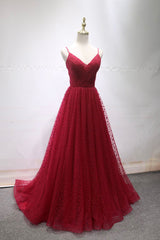 Burgundy V-Neck Tulle Long Corset Prom Dress, A-Line Backless Evening Party Dress Outfits, Evening Dress Long Sleeve