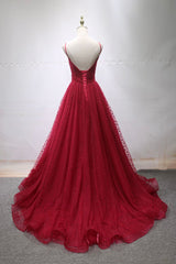 Burgundy V-Neck Tulle Long Corset Prom Dress, A-Line Backless Evening Party Dress Outfits, Evening Dresses 3 13 Sleeve