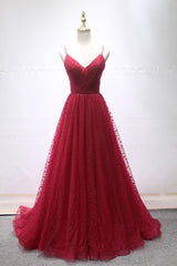 Burgundy V-Neck Tulle Long Corset Prom Dress, A-Line Backless Evening Party Dress Outfits, Evening Dresses Midi