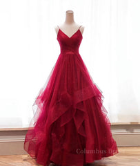 Burgundy v neck tulle long Corset Prom dress, burgundy evening dress outfit, Homecoming Dress Long