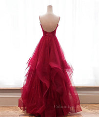 Burgundy v neck tulle long Corset Prom dress, burgundy evening dress outfit, Homecomeing Dresses Long