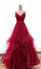 Burgundy v neck tulle long Corset Prom dress, burgundy evening dress outfit, Homecomming Dresses Long