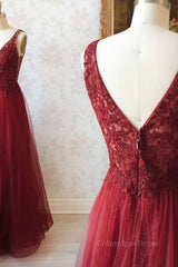 Burgundy v neck tulle sequin lace long Corset Prom dress outfits, Prom Dresses Long