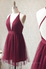 Burgundy v neck tulle short Corset Prom dress burgundy Corset Homecoming dress outfit, Homecoming Dress Red