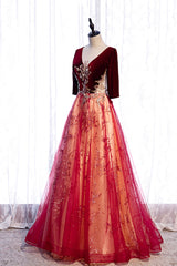 Burgundy V-Neck Velvet Tulle Long Corset Prom Dress, A-Line 1/2 Sleeve Evening Dress outfit, Prom Dress Emerald Green