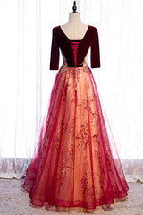 Burgundy V-Neck Velvet Tulle Long Corset Prom Dress, A-Line 1/2 Sleeve Evening Dress outfit, Prom Dresses Emerald Green