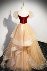 Burgundy Velvet Glitter Cascading Ruffles Corset Prom Dress, Champagne Tulle Floor Length Evening Dress outfit, Prom Dress Navy