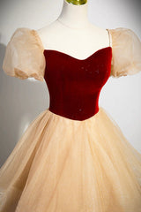 Burgundy Velvet Glitter Cascading Ruffles Corset Prom Dress, Champagne Tulle Floor Length Evening Dress outfit, Prom Dress Blush