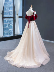 Burgundy Velvet Lace Long Corset Prom Dress, A-Line Off Shoulder Evening Dress outfit, Formal Dresses Shops