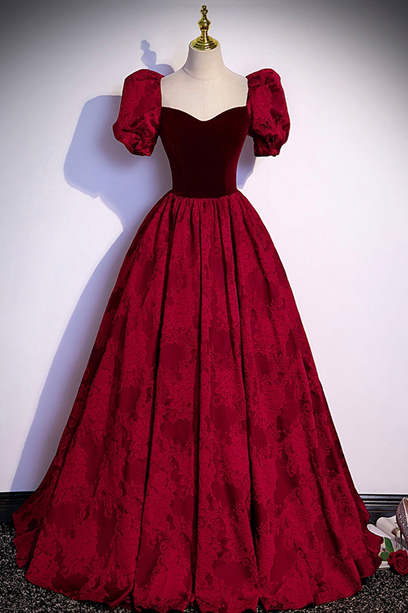 Burgundy Velvet Long A-Line Corset Prom Dress, Burgundy Short Sleeve Evening Dress outfit, Formal Dress Floral