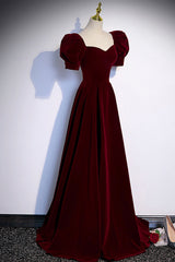 Burgundy Velvet Long A-Line Corset Prom Dress, Simple Short Sleeve Party Dress Outfits, Formal Dresses Cocktail