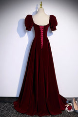 Burgundy Velvet Long A-Line Corset Prom Dress, Simple Short Sleeve Party Dress Outfits, Formal Dress For Wedding Party