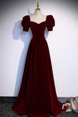 Burgundy Velvet Long A-Line Corset Prom Dress, Simple Short Sleeve Party Dress Outfits, Formal Dresses Off The Shoulder