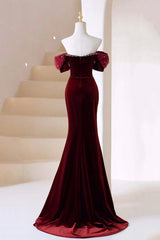 Burgundy Velvet Long Corset Prom Dress, Burgundy Off Shoulder Pearl Evening Dress outfit, Bridesmaid Dress Ideas