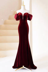 Burgundy Velvet Long Corset Prom Dress, Burgundy Off Shoulder Pearl Evening Dress outfit, Bridesmaid Dresses Wedding