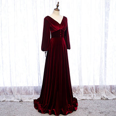 Burgundy Velvet Long Sleeves A-line Corset Prom Dress, Long Simple Corset Bridesmaid Dresses outfit, Prom Dresses Piece