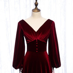 Burgundy Velvet Long Sleeves A-line Corset Prom Dress, Long Simple Corset Bridesmaid Dresses outfit, Prom Dress Piece
