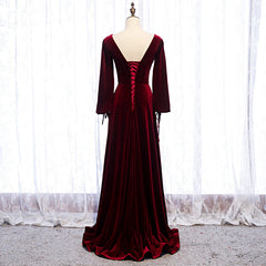 Burgundy Velvet Long Sleeves A-line Corset Prom Dress, Long Simple Corset Bridesmaid Dresses outfit, Prom Dresses Pieces