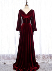Burgundy Velvet Long Sleeves A-line Corset Prom Dress, Long Simple Corset Bridesmaid Dresses outfit, Prom Dress Pieces
