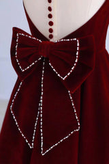 Burgundy Velvet Tea Length Corset Prom Dress, A-Line Party Dress with Bow outfit, Party Dresses Shorts