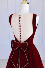 Burgundy Velvet Tea Length Corset Prom Dress, A-Line Party Dress with Bow outfit, Party Dress Classy