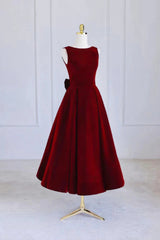 Burgundy Velvet Tea Length Corset Prom Dress, A-Line Party Dress with Bow outfit, Party Dresses Outfit