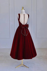 Burgundy Velvet Tea Length Corset Prom Dress, A-Line Party Dress with Bow outfit, Party Dress Styling Ideas