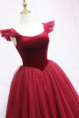Burgundy Velvet Tulle Tea Length Corset Prom Dress, Cute A-Line Party Dress Outfits, Beach Wedding Guest Dress