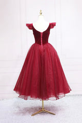 Burgundy Velvet Tulle Tea Length Corset Prom Dress, Cute A-Line Party Dress Outfits, Fashion Dress