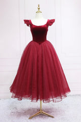 Burgundy Velvet Tulle Tea Length Corset Prom Dress, Cute A-Line Party Dress Outfits, Wedding Pictures Ideas