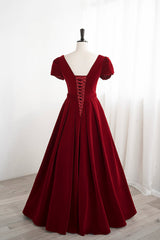 Burgundy Velvet Velvet Long Corset Prom Dress, Cute Short Sleeve Party Dress Outfits, Summer Wedding Color