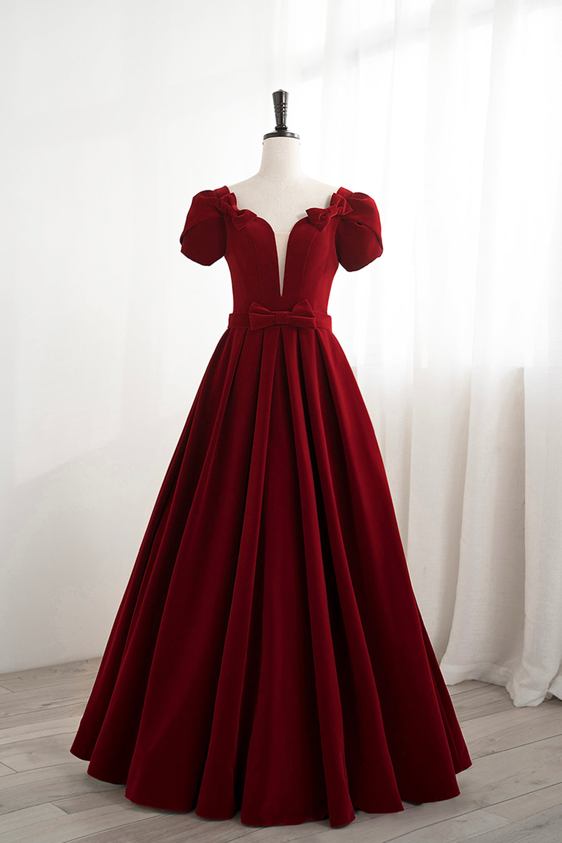 Burgundy Velvet Velvet Long Corset Prom Dress, Cute Short Sleeve Party Dress Outfits, Gala Dress