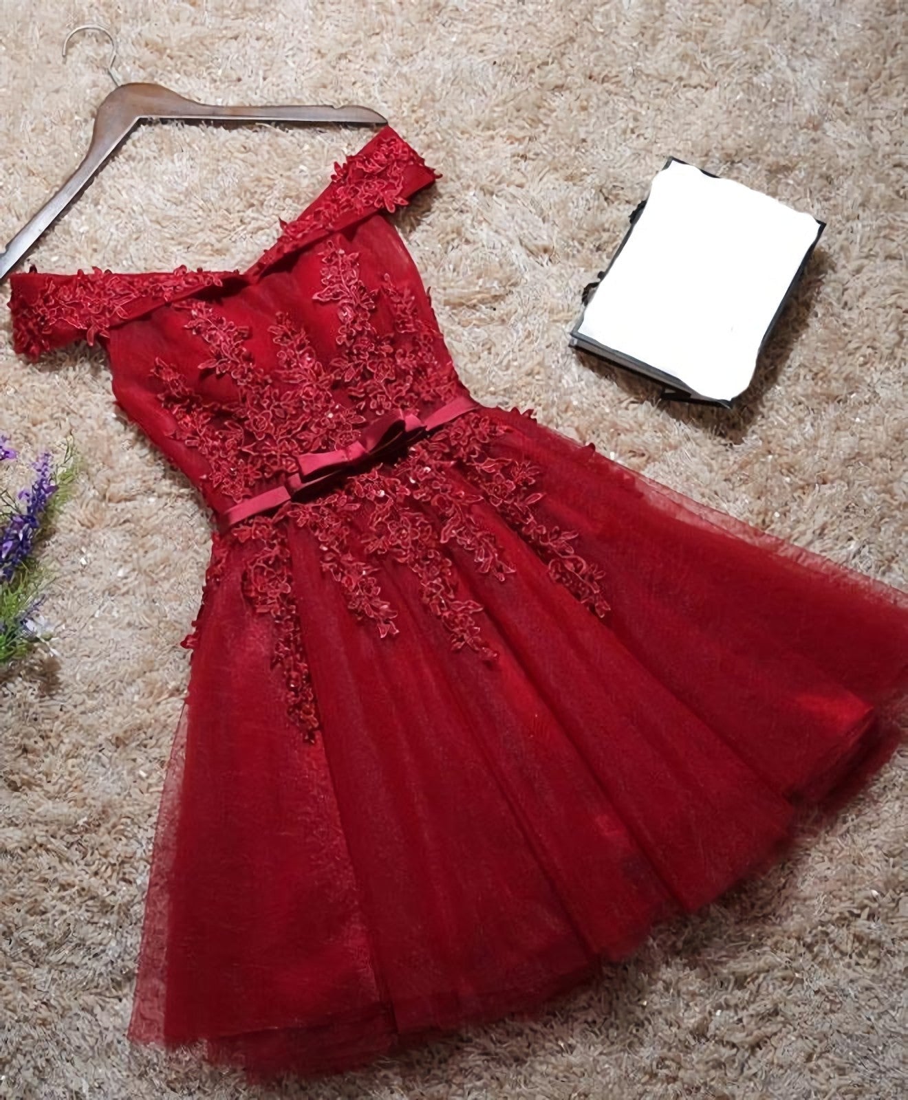 Burgundy Lace Off Shoulder Short Corset Prom Dress, Lace Evening Dress outfit, Formal Dresses Style