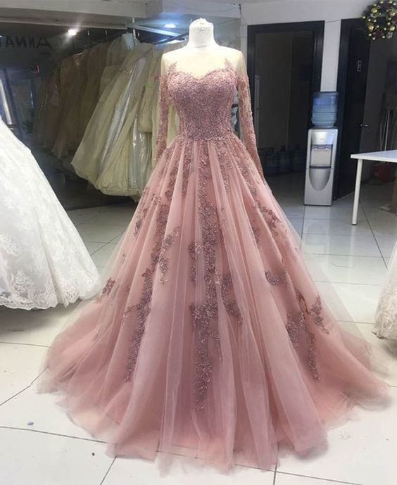pink tulle lace Corset Prom dress long sleeve evening dress outfit, Party Dresses Ladies