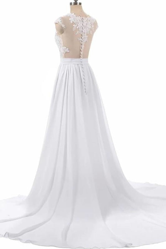 Cap Sleeve Appliques Chiffon A-line Corset Wedding Dress outfit, Wedding Dress For Short Bride