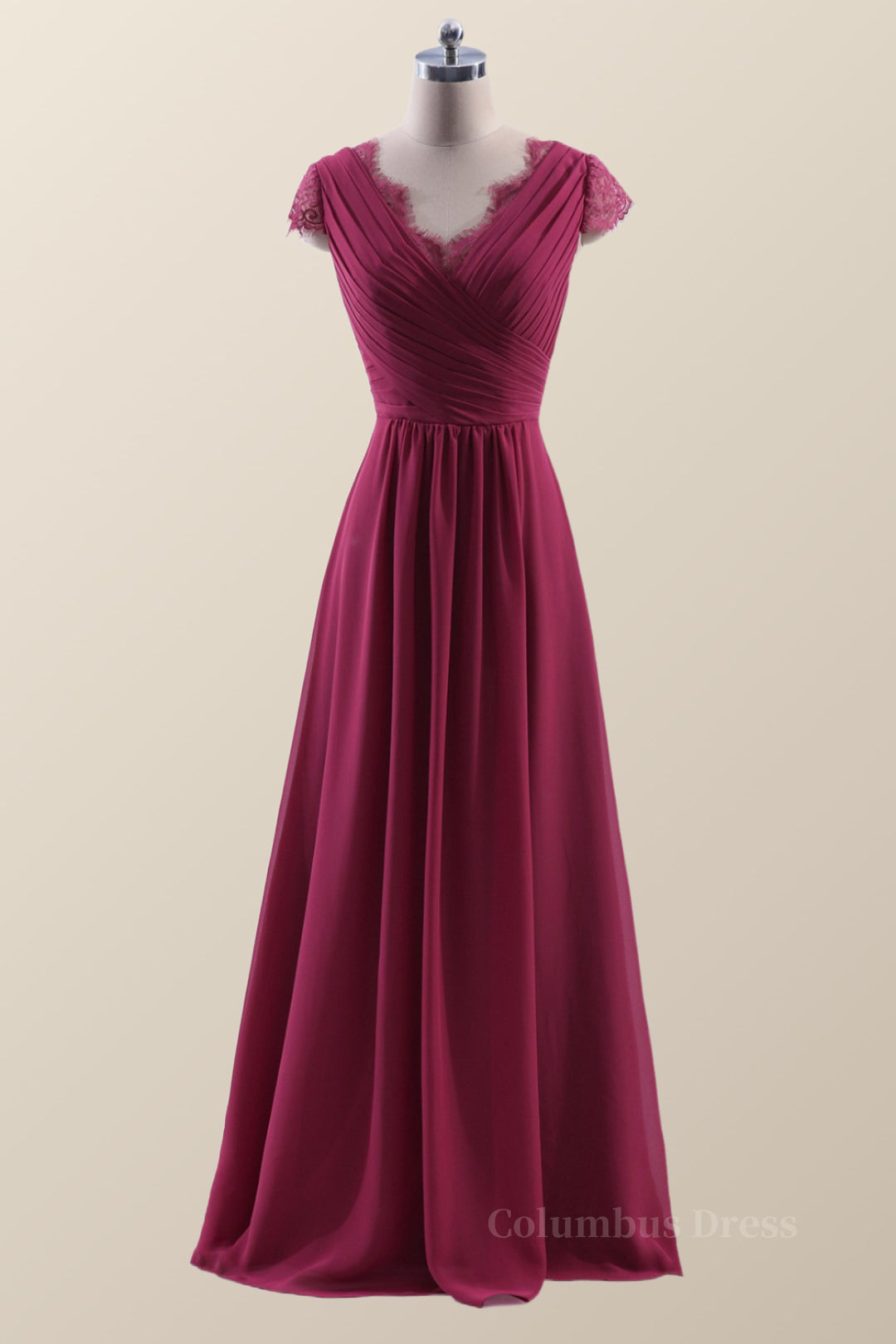 Cap Sleeves Burgundy Chiffon Long Corset Bridesmaid Dress outfit, Party Dresses Sales