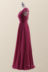 Cap Sleeves Burgundy Chiffon Long Corset Bridesmaid Dress outfit, Party Dress Sale