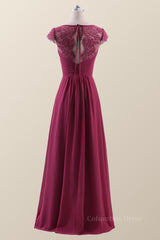 Cap Sleeves Burgundy Chiffon Long Corset Bridesmaid Dress outfit, Party Dress Sales