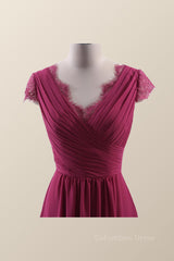 Cap Sleeves Burgundy Chiffon Long Corset Bridesmaid Dress outfit, Party Dresses Sale