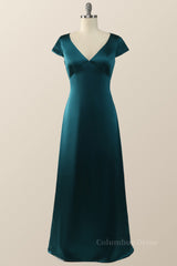 Cap Sleeves Dark Green Satin Long Corset Bridesmaid Dress outfit, Prom Dresses Designer