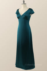 Cap Sleeves Dark Green Satin Long Corset Bridesmaid Dress outfit, Prom Dress Design