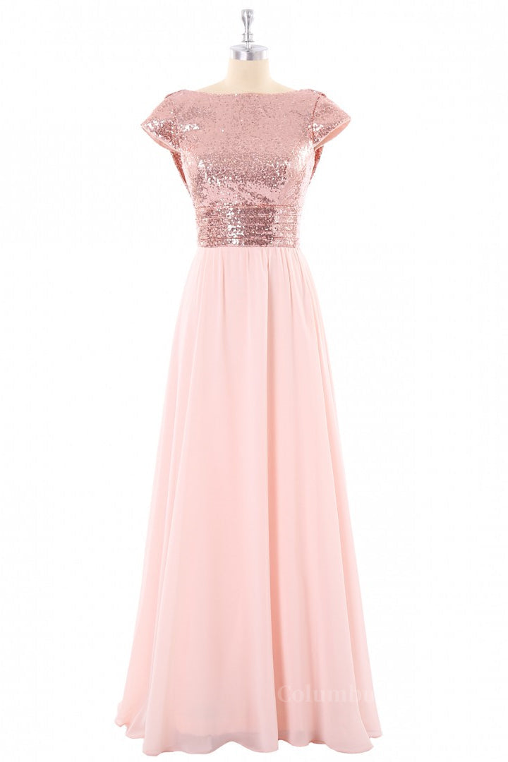 Cap Sleeves Rose Gold Sequin and Chiffon Long Corset Bridesmaid Dress outfit, Flower Dress